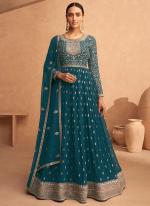 Georgette Teal Blue Wedding Wear Embroidery Work Anarkali Suit